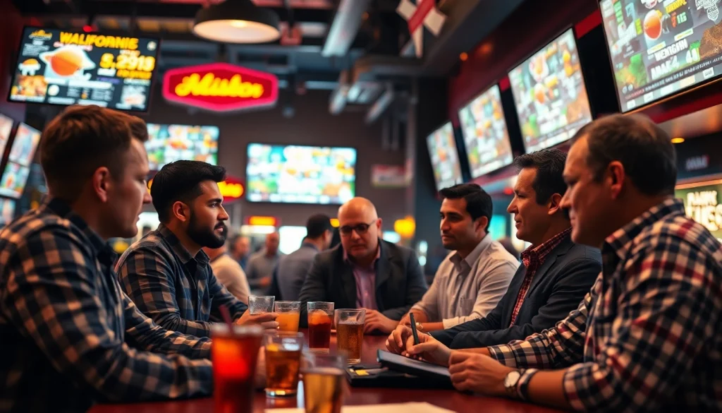 Engaged bettors in a lively sports bar during sports betting California events.