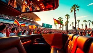 Experience seamless World Cup Group Transportation in a luxury limo amidst a vibrant stadium atmosphere.