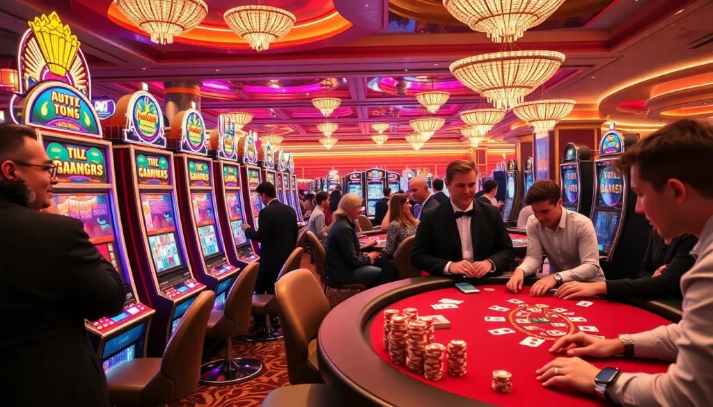 Engaging scene of a slot machine community, showcasing players enjoying casino games.
