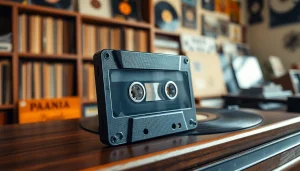 Highlighting a vibrant audio cassette on a vintage record player, showcasing its nostalgic charm.