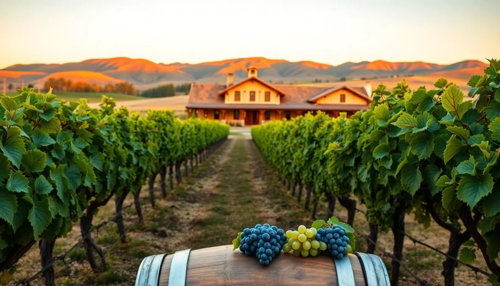 Visit clarksburg wineries, showcasing scenic vineyard views with lush grapevines and a rustic winery background.