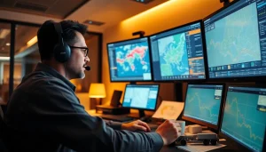 Trucking Dispatch Company optimizing routes and loads with advanced technology in a modern office setting.