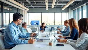 WPS下载 in a modern office scene showcasing professionals using WPS Office on various devices.