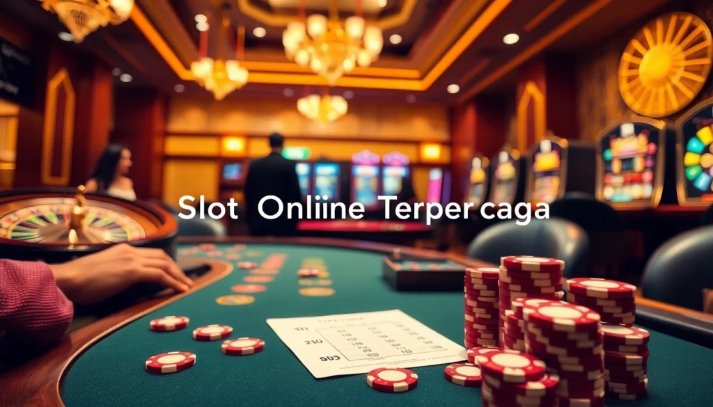 Experience the thrill of Slot Online Terpercaya in a luxurious casino setting with vibrant poker chips and slot machines.