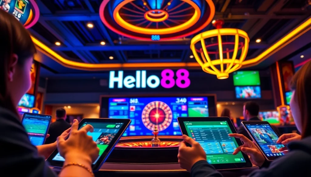 Hello88: Engaging online betting scene with vibrant colors and modern digital interfaces.