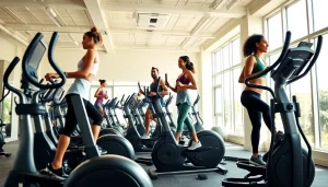 Premium elliptical machine manufacturer showcasing sleek, modern equipment in a vibrant fitness studio.