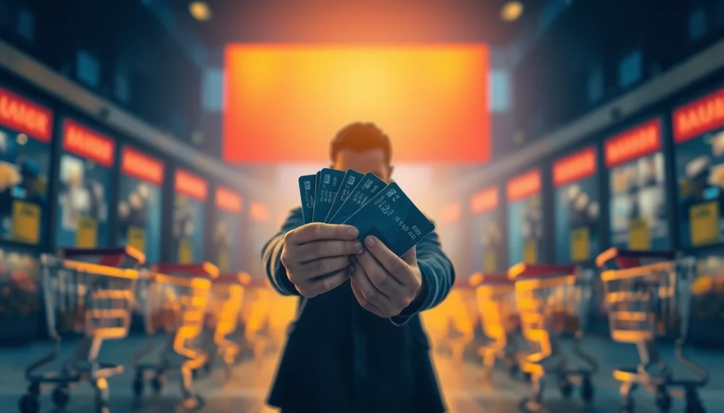 카드깡의 개념을 보여주는 인물이 여러 신용카드를 들고 있는 일러스트레이션