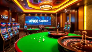 Experience gambling excitement with VN88 at a luxury casino scene featuring vibrant slot machines and roulette wheels.