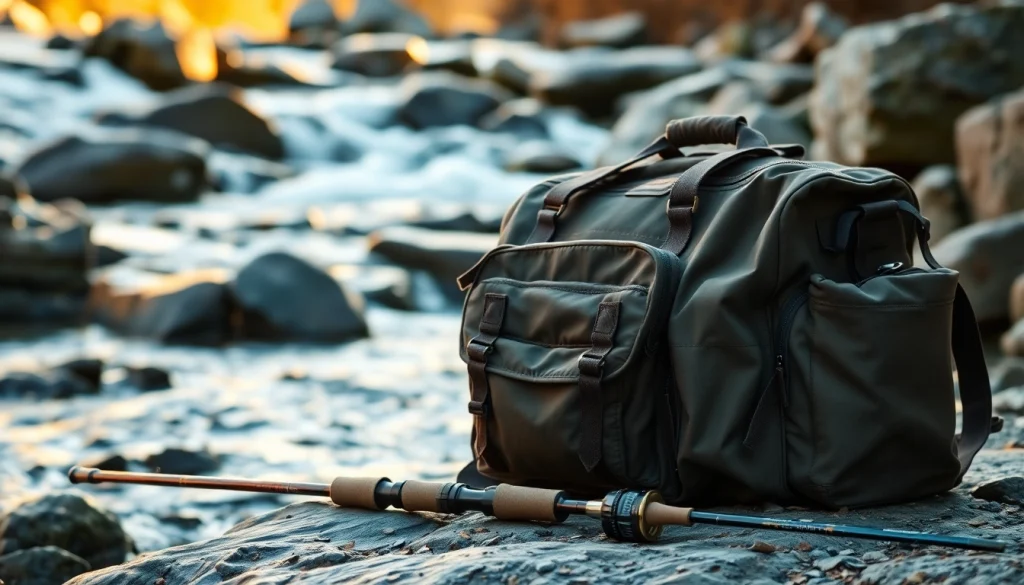 Capture of a Fly fishing bag set against a beautiful river landscape showcasing functionality.