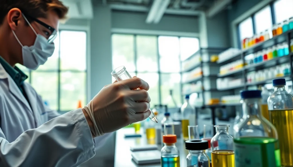 Analyze substances related to das 140 in a bright laboratory setting with scientists at work.