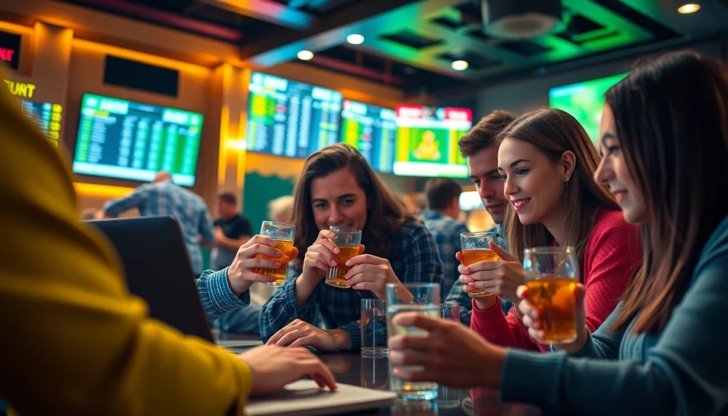 Participants actively engaging in sports betting Canada at a vibrant bar, showcasing excitement and community.