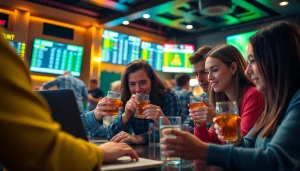 Participants actively engaging in sports betting Canada at a vibrant bar, showcasing excitement and community.