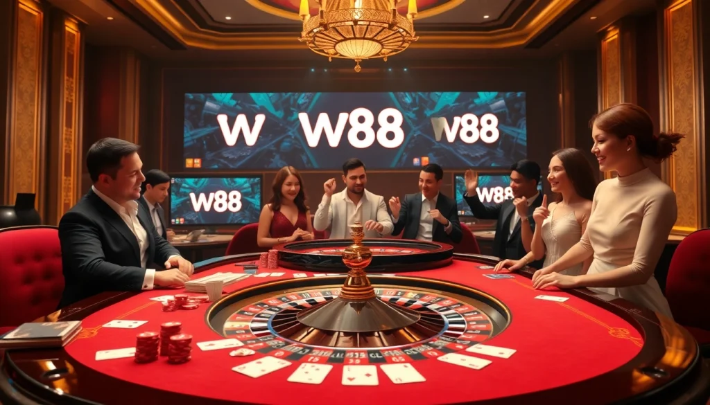 Betting at W88 casino with vibrant poker chips and roulette wheel, showcasing luxury.