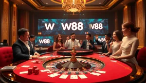 Betting at W88 casino with vibrant poker chips and roulette wheel, showcasing luxury.
