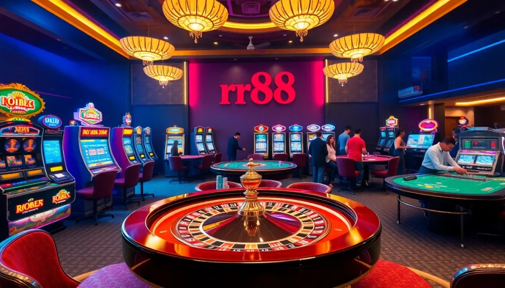 Experience the thrill of rr88 at a luxurious casino with vibrant tables and excited players.