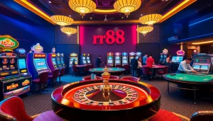 Experience the thrill of rr88 at a luxurious casino with vibrant tables and excited players.
