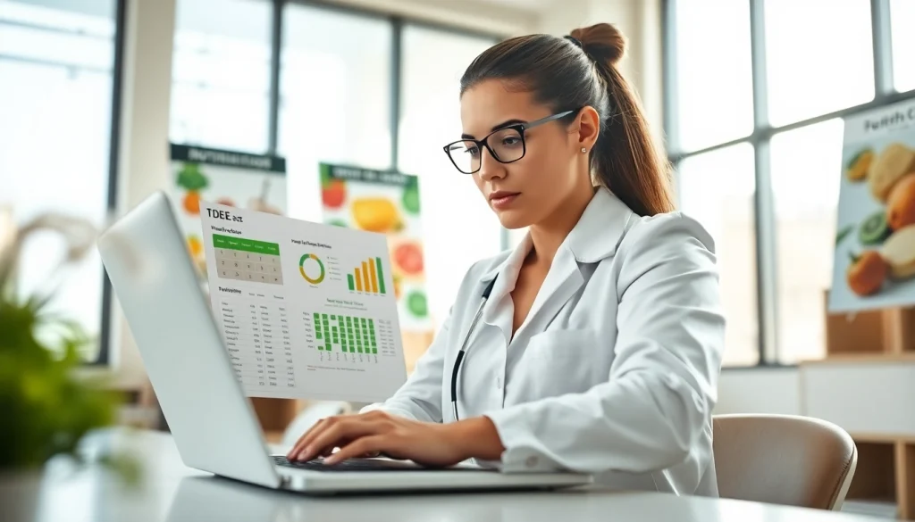 TDEE calculator interface on a professional dietitian's laptop with nutrition charts.