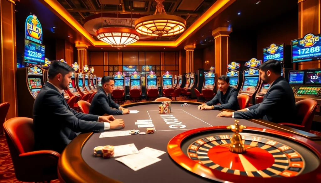 Engaging scene of high-stakes poker at 123b casino with colorful slot machines and roulette wheel.