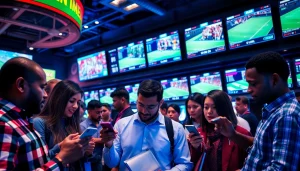 Group of excited individuals engaging in sports betting Georgia in a lively modern environment
