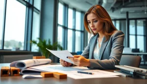 Księgowość dla firmy budowlanej w profesjonalnym biurze, księgowy przeglądający dokumenty finansowe dotyczące budowy.