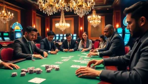 Poker players engaging at a high-stakes game in the luxurious พอร์ทเกม F168 casino.