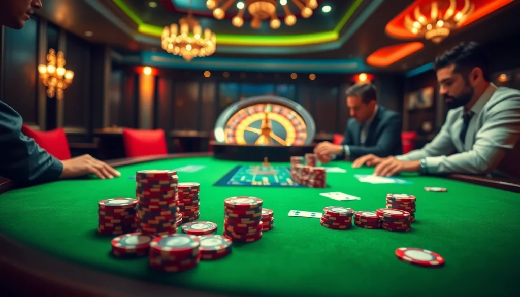 Engaging poker players strategize their bets at thabet casino with vibrant chips and cards.