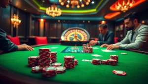 Engaging poker players strategize their bets at thabet casino with vibrant chips and cards.