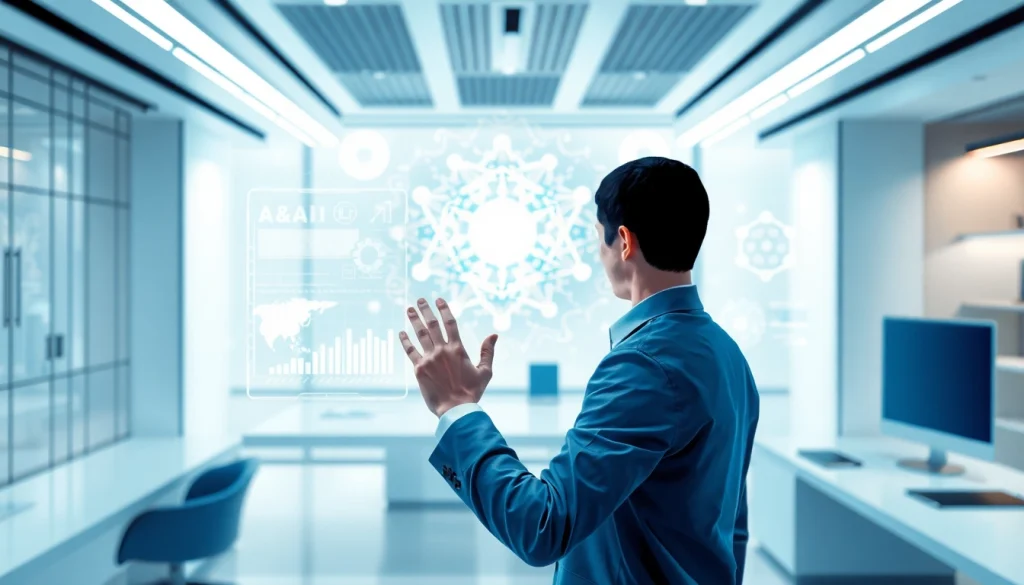 Engaging human interface with AI technology showcased in a modern workspace.