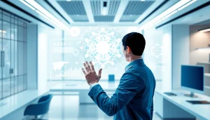 Engaging human interface with AI technology showcased in a modern workspace.