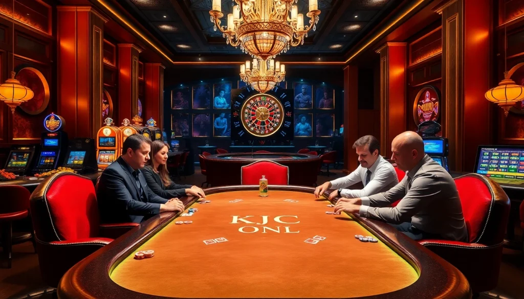 KJC ONL poker table scene in a luxurious casino setting with players and vibrant decorations.