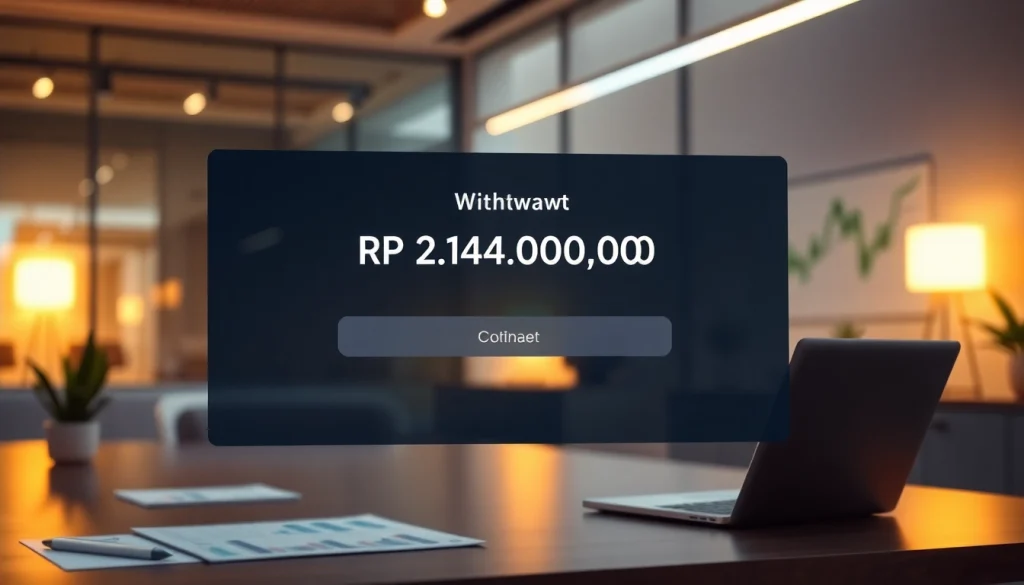 BOX138 financial success depicted through a withdrawal confirmation of Rp 2.424.000,00 in a modern office setting.