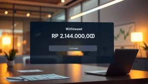 BOX138 financial success depicted through a withdrawal confirmation of Rp 2.424.000,00 in a modern office setting.