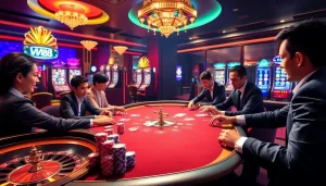 Experience high-stakes gaming at VN88 with a captivating casino scene featuring poker and slots.