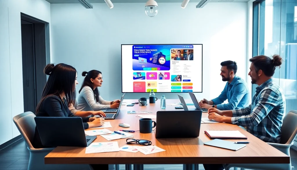 Professional team collaborating on thiết kế web in a modern office.