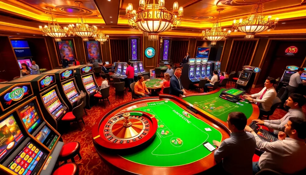 Experience thrilling gaming at ev882.sa.com with an elegant roulette table and bright slot machines.