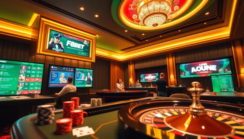 Engaging players at F8BET online casino table with vibrant cards and chips.