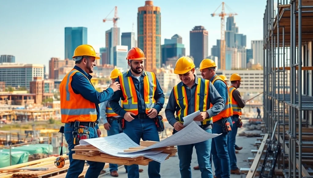 Construction association Denver workers collaborating on a vibrant building site, showcasing tools and planning tasks.