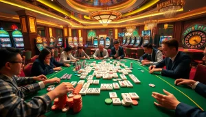 Players enjoying the thrilling mahjong ways 2 game at an upscale casino, showcasing vibrant tiles and colorful chips.