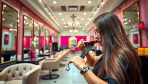 Professional stylist at salon coafor bucuresti demonstrating hair cutting techniques.