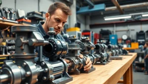 Expert providing hydraulic pump services in a well-organized workshop.