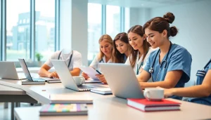 Buy nursing papers while collaborating in a bright classroom, reflecting teamwork and focus.