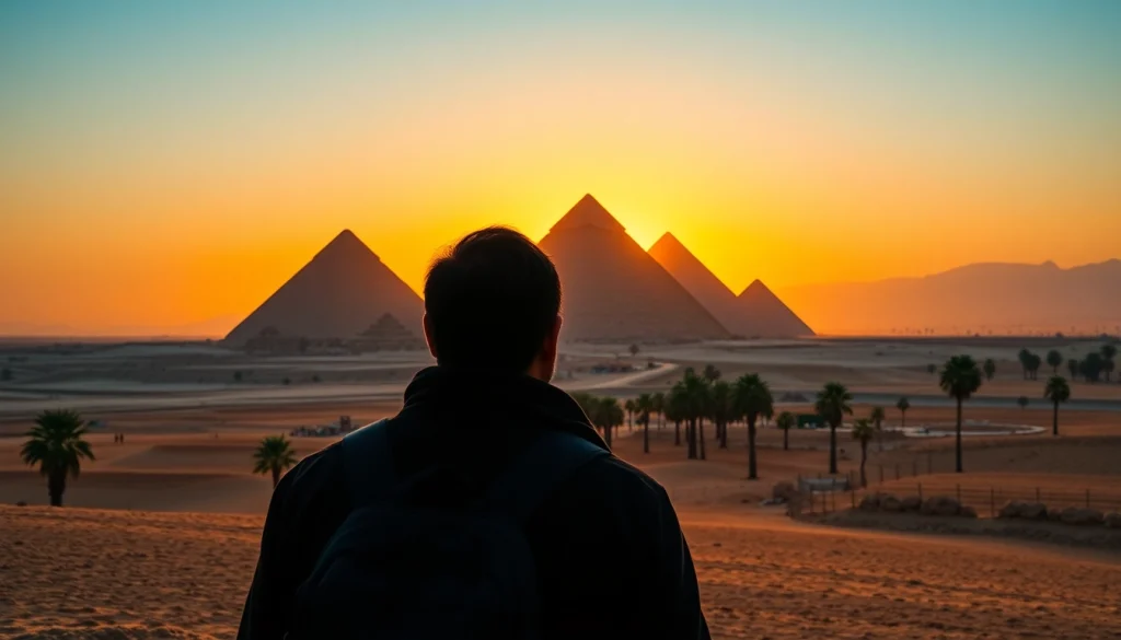 Pyraminds towering majestically in a golden sunset over the desert landscape.