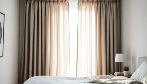 Verduisterende gordijnen creeren een serene sfeer in een stijlvolle slaapkamer.
