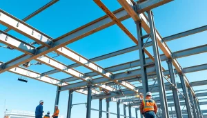 Showcasing a steel structure design at a construction site with skilled workers and metal beams.