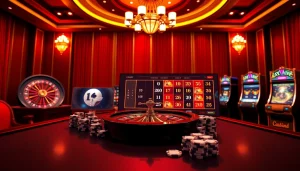 Cổng game Haywin features thrilling elements like poker chips and a roulette wheel in an exciting casino setting.