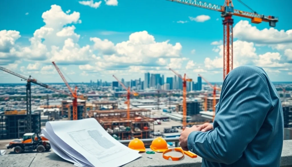 New Jersey Construction Manager overseeing a dynamic construction site filled with workers and machinery.
