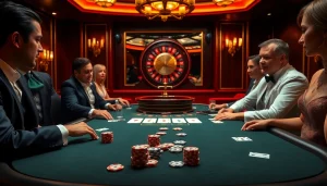 Experience thrilling poker action at MM88 casino with elegant players and vibrant game elements.