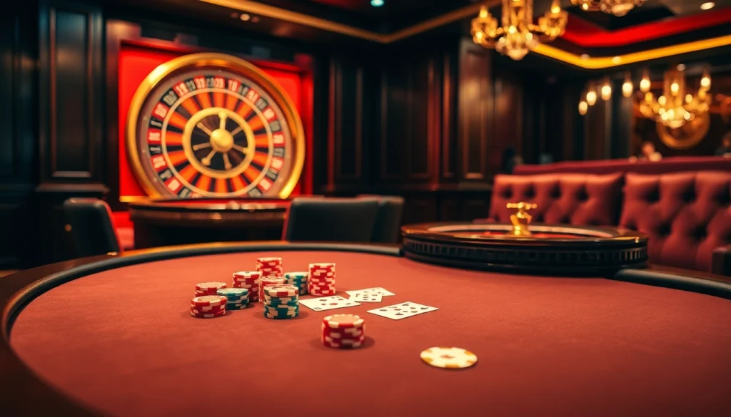 RR88 poker scene featuring colorful chips and cards on a luxurious casino table.