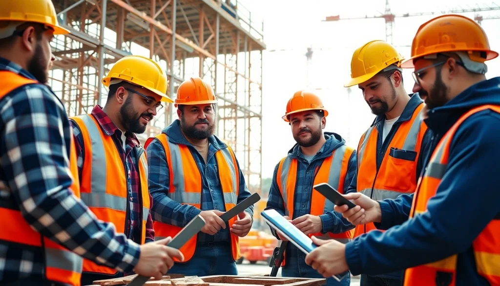 Engaged trainees in a construction apprenticeship actively collaborating on-site with tools and safety gear.