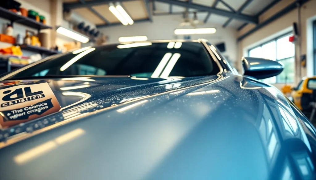 Applying ceramic coating Chattanooga for a stunning car finish inside a bright garage.